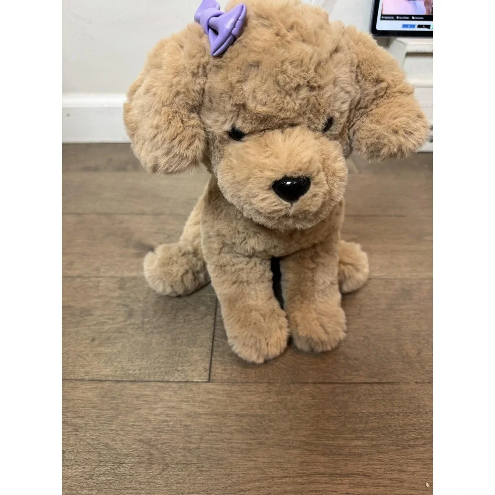 FAO Schwarz Tan Puppy Dog‎ Plush Stuffed Animal Small Purple Bow Soft Toy Cuddly